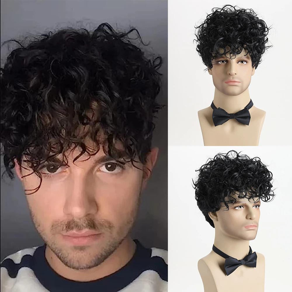 10 Zoll braune, natürliche, kurze, lockige, gewellte, synthetische Perücke für Männer, junge Männer, hitzebeständige Faserperücken für den täglichen Gebrauch, Halloween – Detail 21