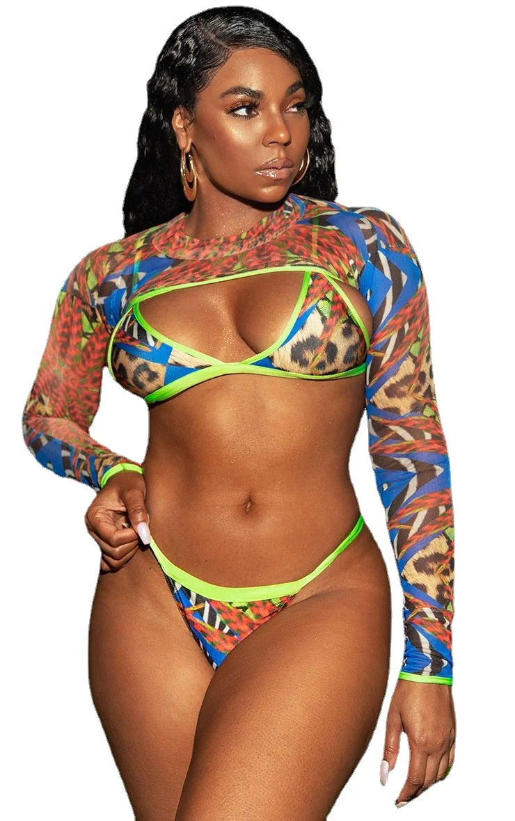 

African Style Plus Size Mesh Perspective Long Sleeve Bathing Suit Women Miami Style Swimsuit Female Swimwear Bikini Maillot 5XL