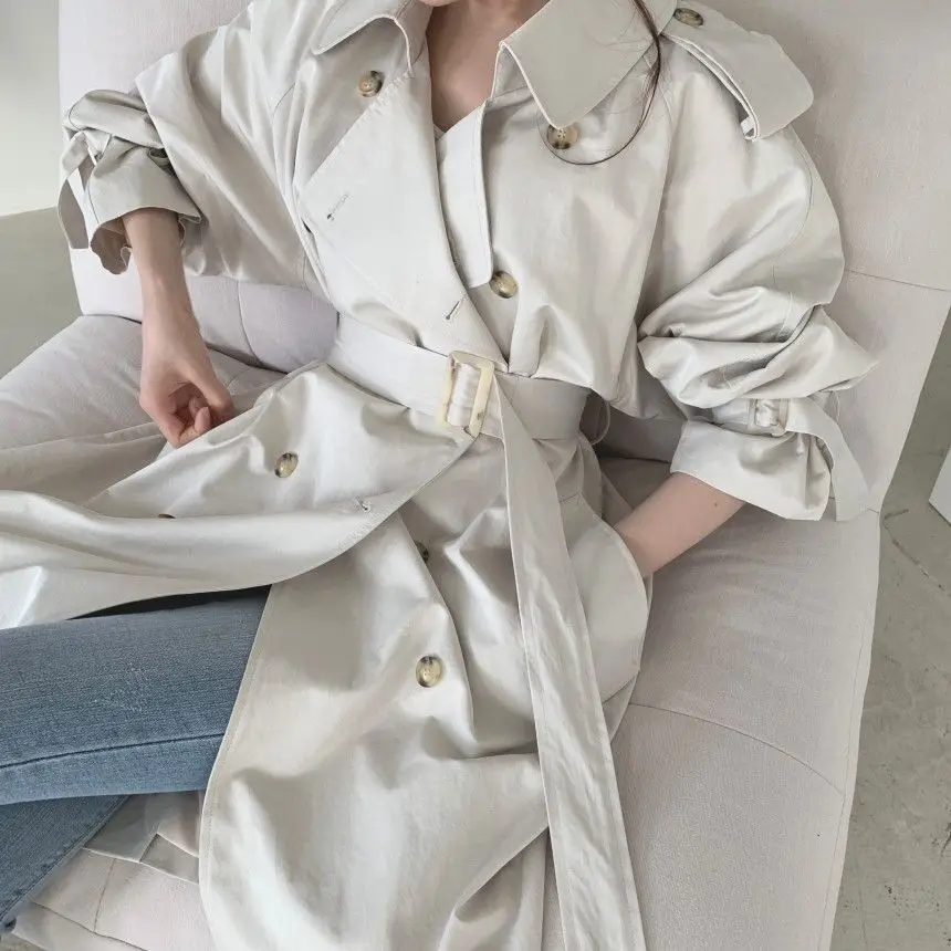 Women Long Trench Coat New Spring Autumn Casual Lapel Double Breasted with Belt Loose Coat Office Lady Korean Fashion Outerwear