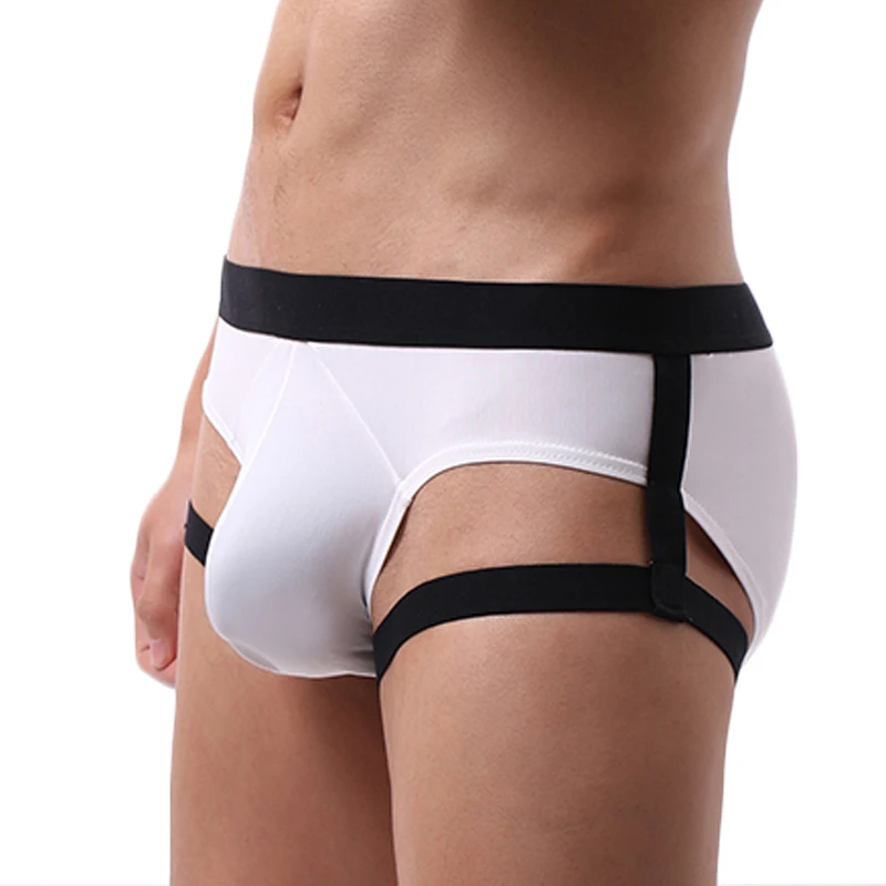 Men's Sexy Underwear Breathable Ice Silk Briefs with Leg Garters Hollow Out Thigh Strap Bulge Penis Pouch Bondage Fetish Costume