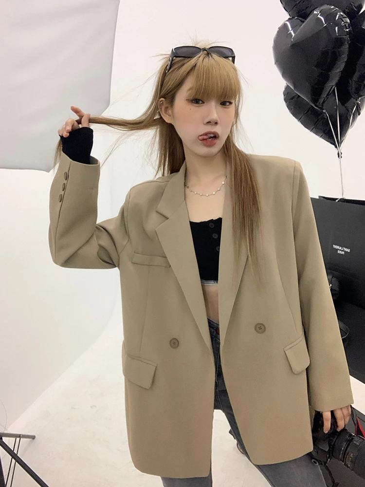 

Autumn Korean Version of the Lapel Solid Color Casual Long-sleeved Double-breasted Loose Suit Jacket Office Women's Jacket