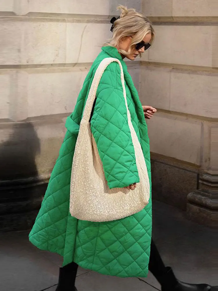 

Solid Plaid Quilted Covered Button Belt Calf-length Cotton Coat Women Oversized Lapel Long Sleeve Jacket Winter Chic Casual Tops