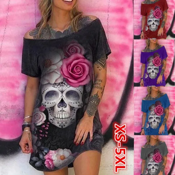 

Gothic Skull Print Dress for Women Off Shoulder Short Sleeve Summer Floral Loose Casual V-neck Dresses Casual Big Shirt Dress