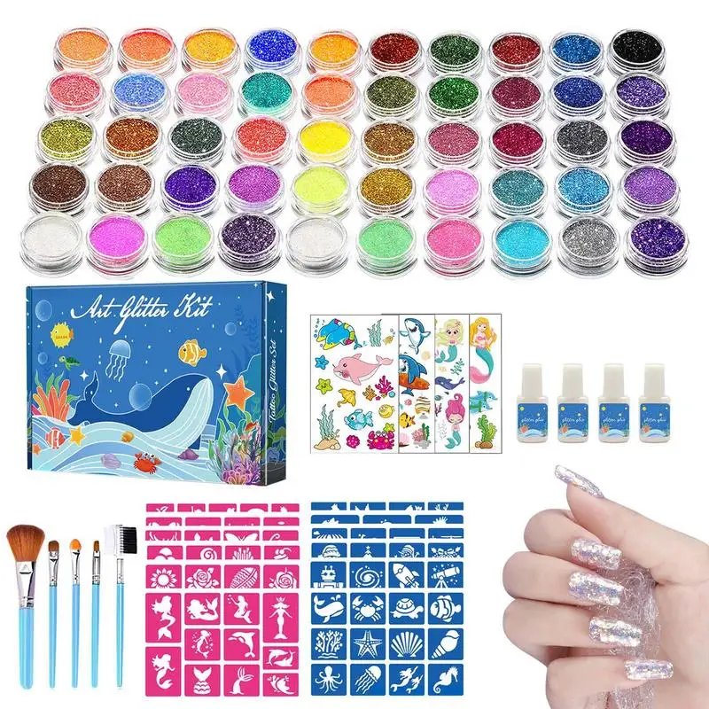 50 Glitter Colors Tattoo Kit With Stencil Glue Brush Makeup Body Glitter Body Art Design For People Body Painting Glitter Powder ophir 12 colors 6 colors powder temporary shimmer glitter tattoo kit for body art design paint with stencil glue