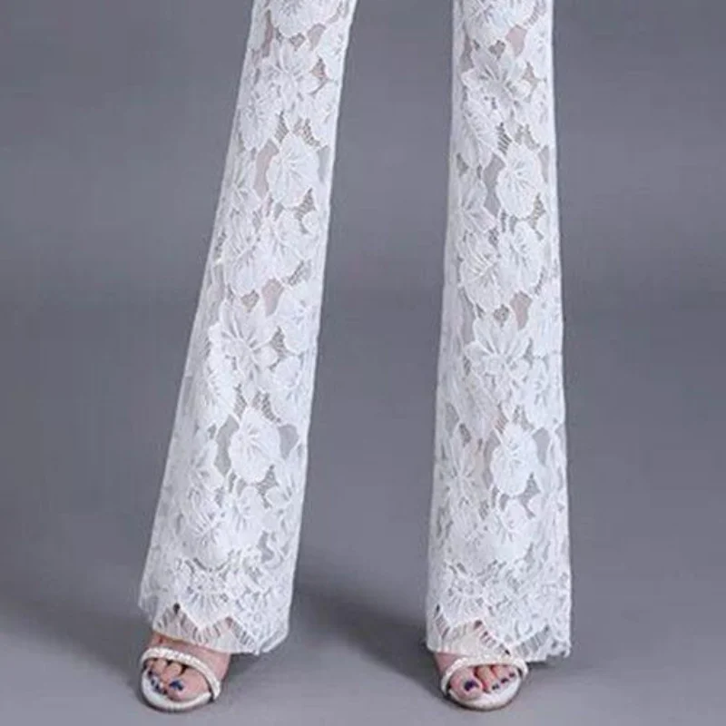 Korean Fashion Summer Flare Pants Women Solid Patchwork Lace Button Zipper Pocket Breathable High Waist Slim Straight Trousers