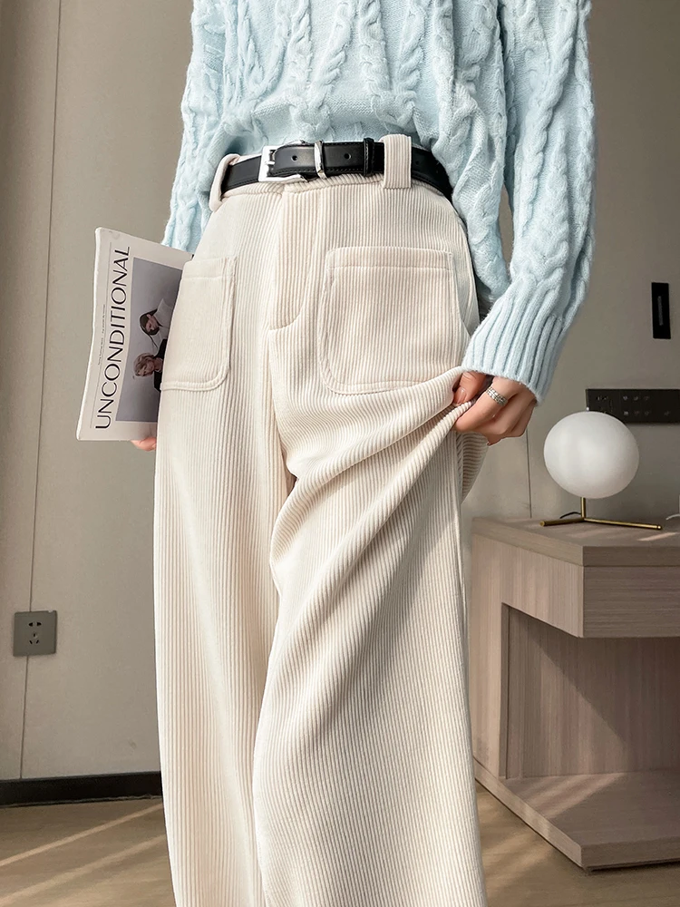 

QOERLIN Standard & Fleece High Waist Wide Leg Straight Pants Women 2024 New Fall Winter Warm Trousers with Belt Pocket Pants
