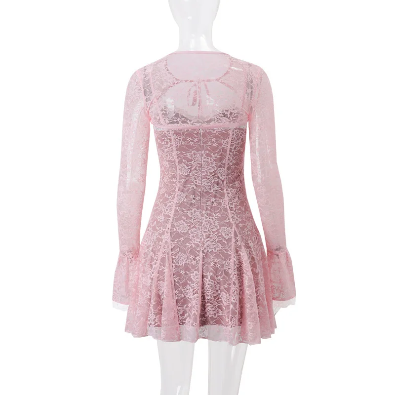 JULISSA MO Sexy See Through Lace Women Dress Pink Flare Sleeve Print Floral Dress Female Autumn New Elegant Two Piece Sets 2025
