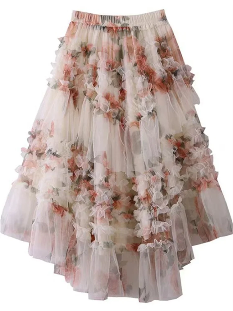 French Style Holiday Ruffle Irregular Midi Long Party Skirt Ball Gown Multi Layer Mesh Fashion Gauze Tutu Elegant Vintage Skirts