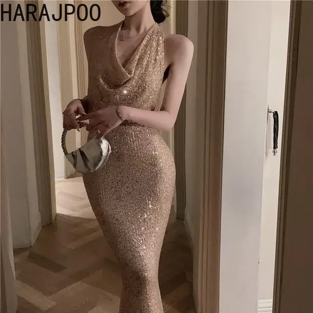 

Женское длинное блестящее платье с блестками Harajpoo цвета шампанского