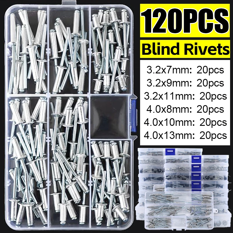 

120PCS Aluminum Alloy Blind Rivets Fasteners M3.2 M4 Dome Head Blind Pop Rivets Assorted Set Nail Pull Furniture Assortment Kits