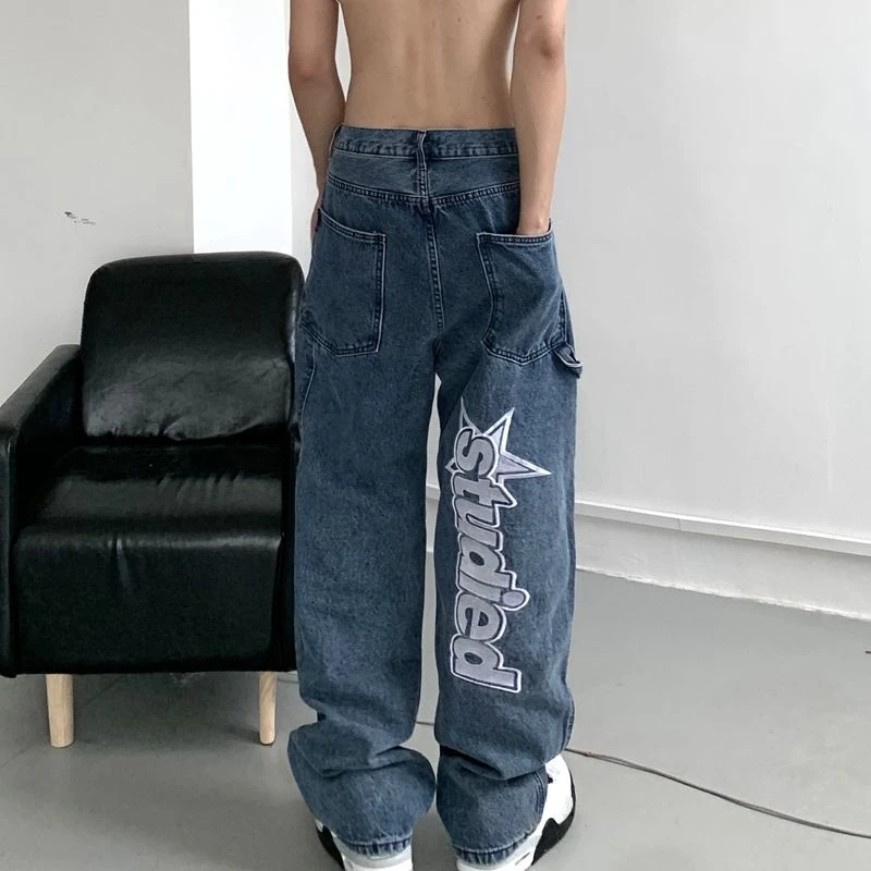 Y2K pantalones vaqueros para hombre y mujer, ropa con estampado de letras y pierna estilo coreano| | - AliExpress