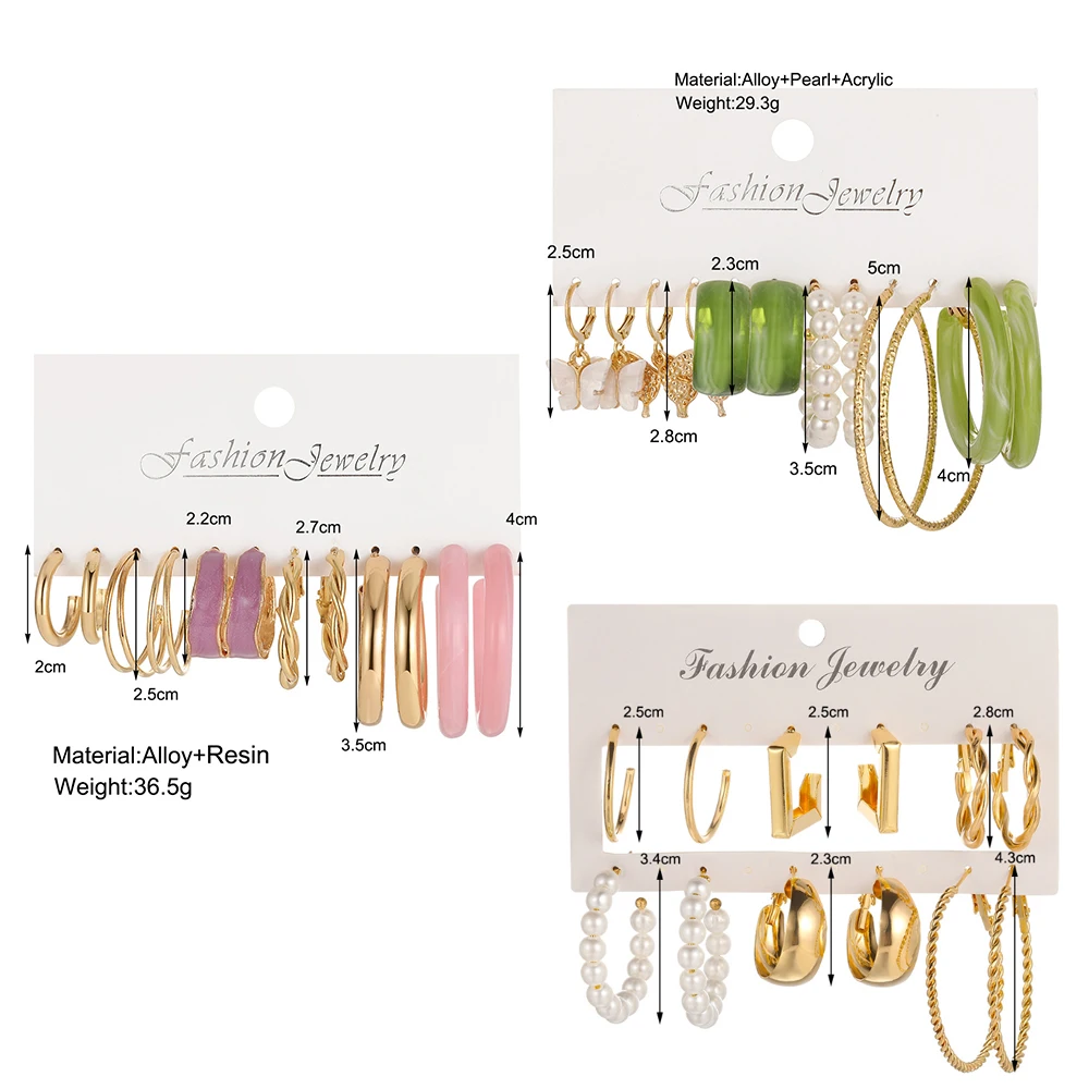 Pearl Earrings 6 Pcs Gold-color Earrings Creative Simple Temperament Women Temperament C Shaped Geometric Fake-pearl Metal Earrin