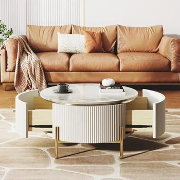 Modern Marble-Patterned Coffee Table with Two Large Drawers, Golden Legs for Elegant Living Room Storage 1 Modern Marble-Patterned Coffee Table with Two Large Drawers, Golden Legs for Elegant Living Room Storage 1