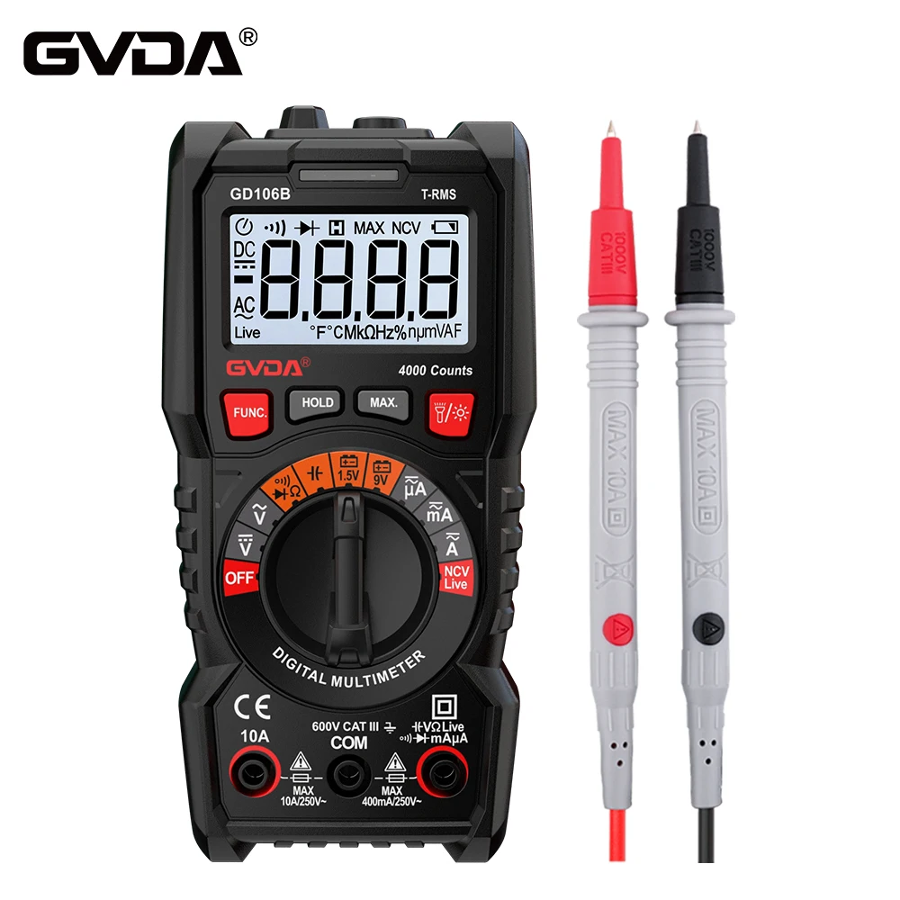 

GVDA Digital Multimeter Auto Ranging DMM Voltmeter True RMS AC DC NCV Ohm Voltage Tester Smart Ammeter 4000 Counts Multitester