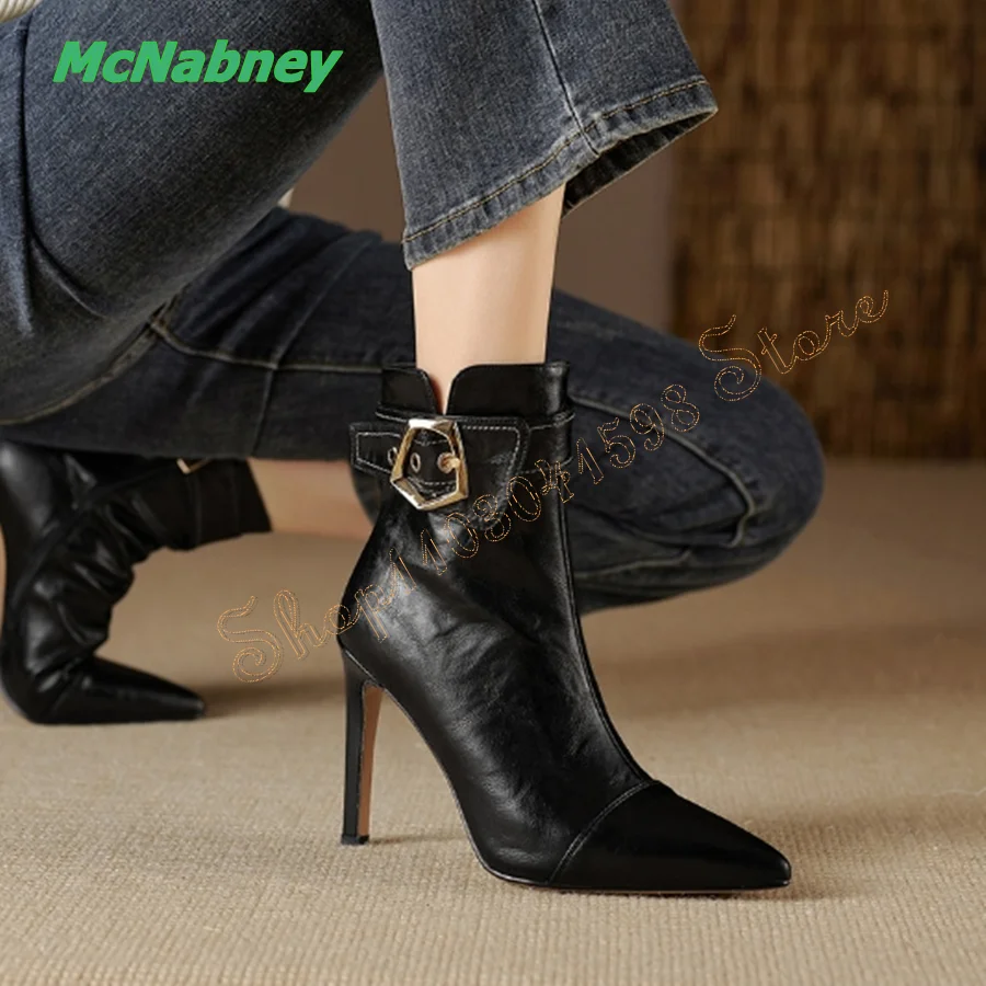 

Черные кожаные ботильоны с острым носком, привлекательные ботинки на высоком каблуке с ремешком и пряжкой, женские ботинки на молнии, новинка 2024