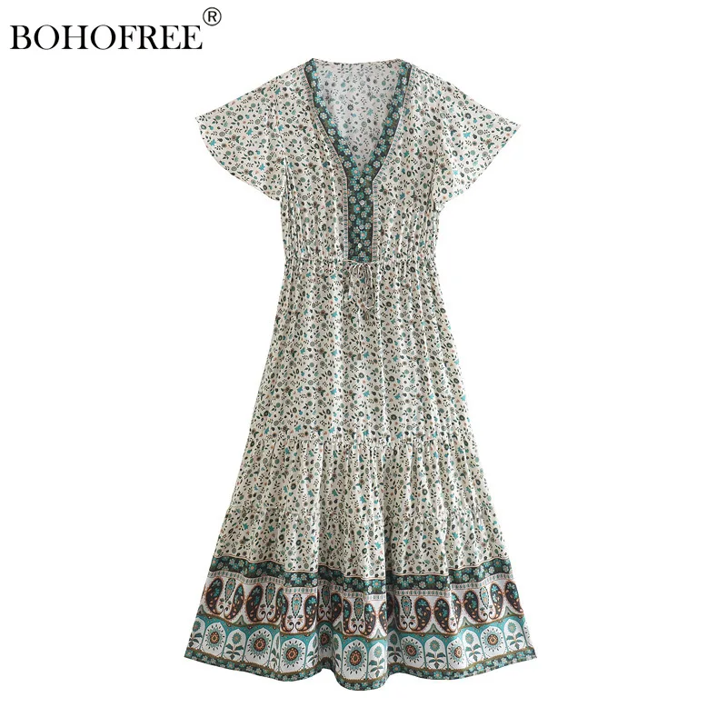

Vintage Boho Dress V Neck Short Sleeve Rayon Cotton Bohemian Dresses Women Maxi HIppie Ethnic Festival Vestidos PrintedDress