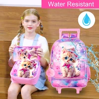 3PCS Rolling Backpack for Girls, Kids Roller Wheels Bookbag, Wheeled Elementary School Bag with Lunch Bag - Cat 4
