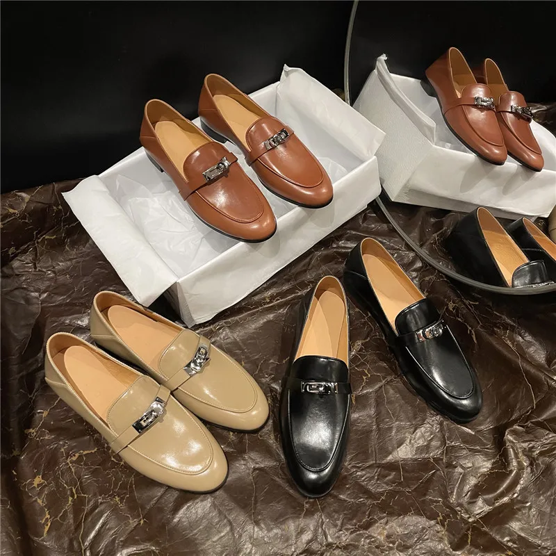 

Genuine Leather Slim Metal Fasteners Lefu Shoes with Low Heels and Thick Heels Wearing Lazy Slippers and Single Shoes for Women