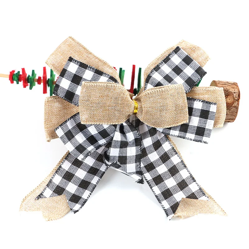 1 Pcs 23.8*22.9cm Christmas Plaid Handmade Bow Christmas Lootabgs Linen Bows New Year Christmas Tree Decoration Creative DIY
