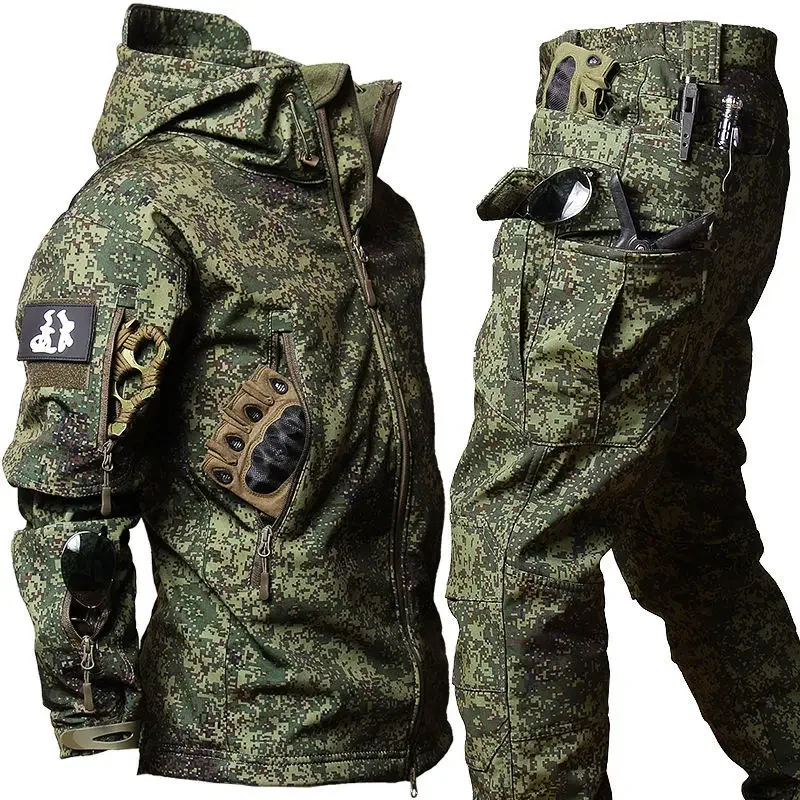 

Severe Winter Special Tactics Training Soft Shell Plush Thickened Waterproof Windproof Hooded Warm Jacket and Pants Set