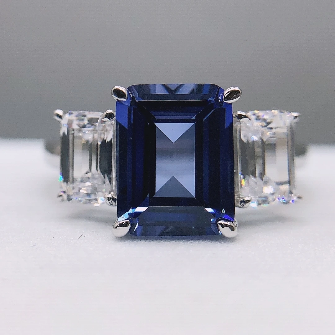 

18K 750 White Gold Ring 3Ct Emerald Cut Lab Blue Diamond Engagement Anniversary Ring for Her Day Gift 190