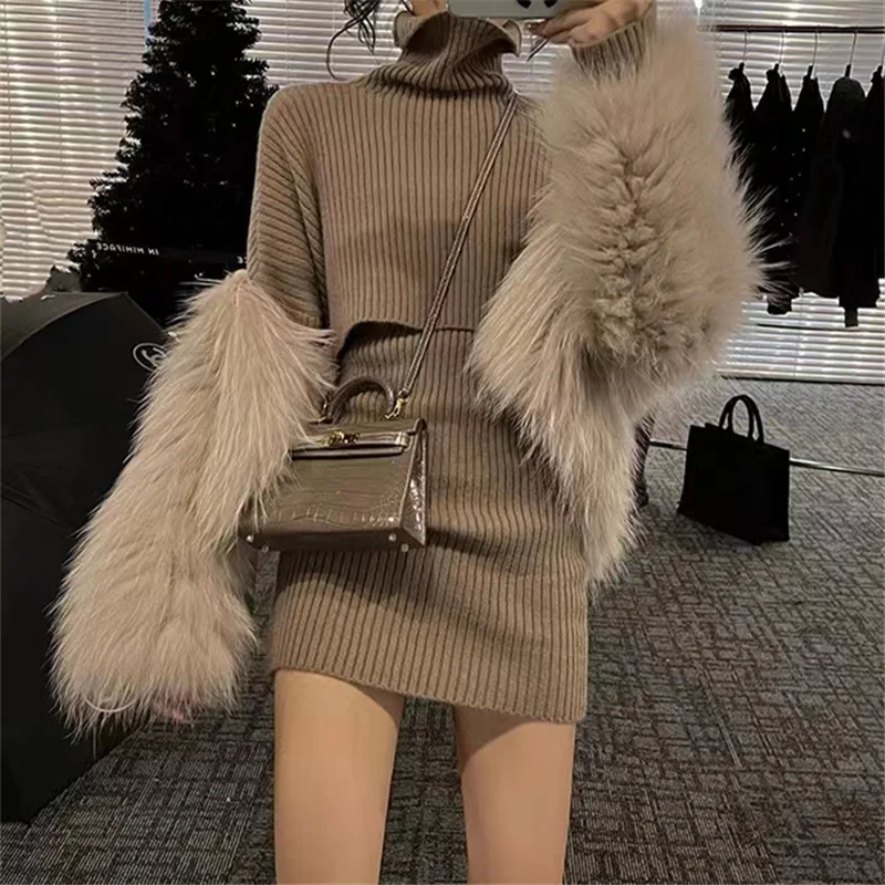 

Turtleneck Knitted Sweater Skirt Two Pieces Set Women Autumn Winter Long Sleeve Pullover Sexy High Waist Slim Mini Skirts Suit
