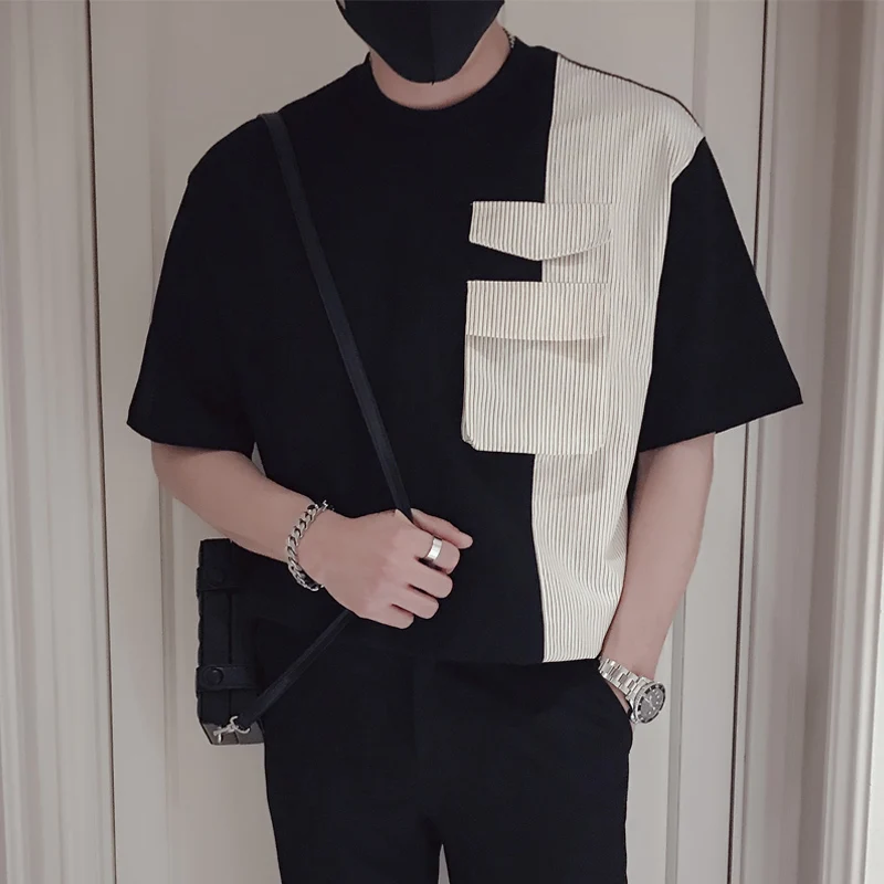

Summer Cotton T-shirts for Men 2024 Oversized Basic Striped T Shirt Drop-Shoulder Patchwork Tshirt Streetwear Tops Tee B119