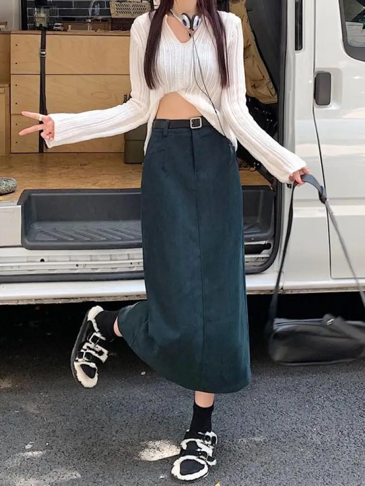 Maxi Skirt Women's Corduroy Skirt 9mm Autumn With Belt A Line