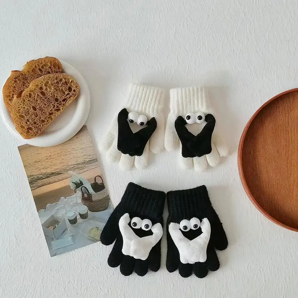 

Cartoon One-piece GlovesMagnetic Knitted Holding Gloves Elastic Slip-on Funny Big Eyes Full Finger Winter Children's Gloves