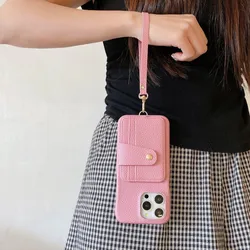 Elegant Litchi Pattern Pink PU Leather Phone Case with Stylish Lanyard & Multi Card Holder - iPhone 14 Pro (Pink)