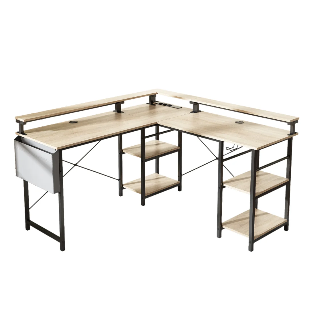 Eckschreibtisch mit Doppelablage L-förmig Computer Tisch mit Regal und Haken höhenverstellbar 140cm – Detail 1