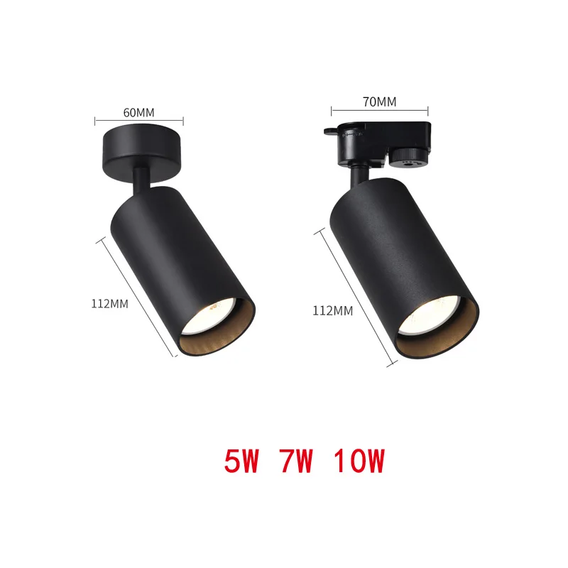Medidas do Spot preto com canopla e para trilho eletrificado com potência de 5, 7 e 10w Miresa