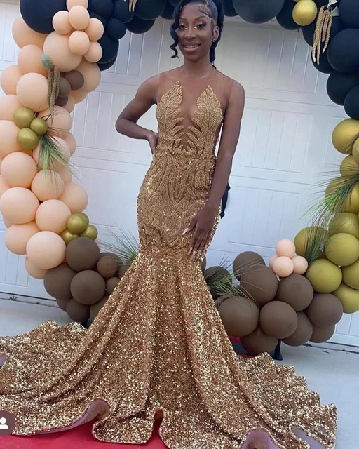 forbundet Frigøre Pligt Long Sequin Gold Prom Dresses 2023 Luxury Sparkly Diamond Beads Sheer Neck  Black Girl Mermaid Prom Party Gala Gowns _ - AliExpress Mobile