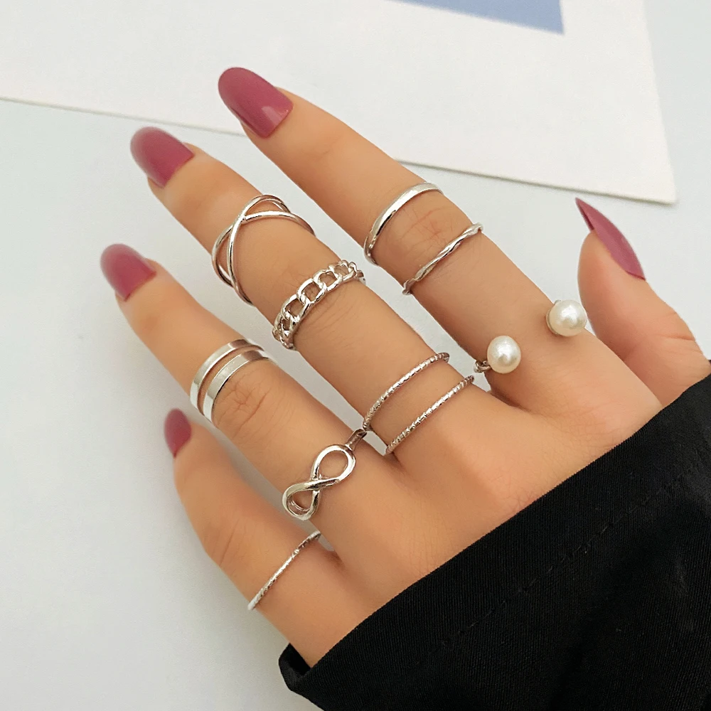 10pcs Punk Gold Color Silver Color Chain Rings Set For Women