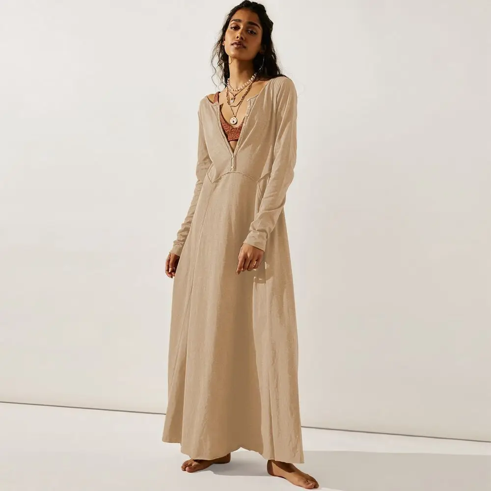 

2023 Women'S American Retro Autumn And Winter Long-Sleeved Dress Solid Color Button V-Neck A-Line Skirt Holiday Boho Maxi