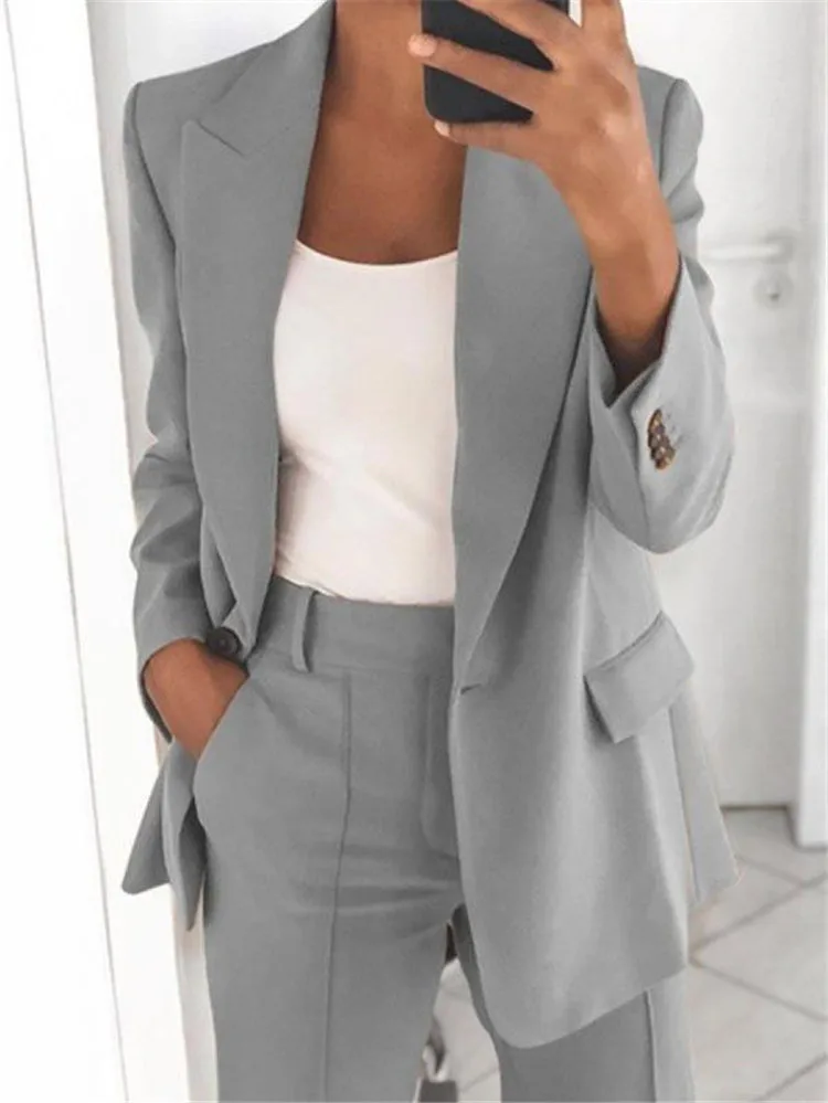 Autumn Fashion Women'S Long Sleeve Solid Color Buttons Pocket Casual Suit Jacket Slim Cardigan Office Lady Business Blazer Suit