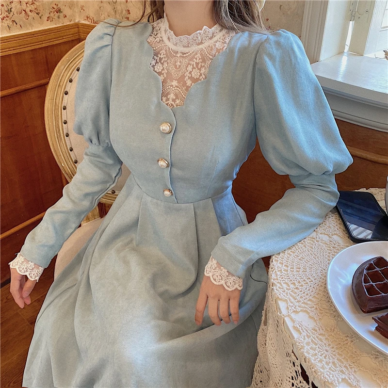 

Solid Elegant Dress Women Winter Patchwork Lace Party Midi Dress Female Casual French Style Sweet Kawaii Korean Dress Women 2023