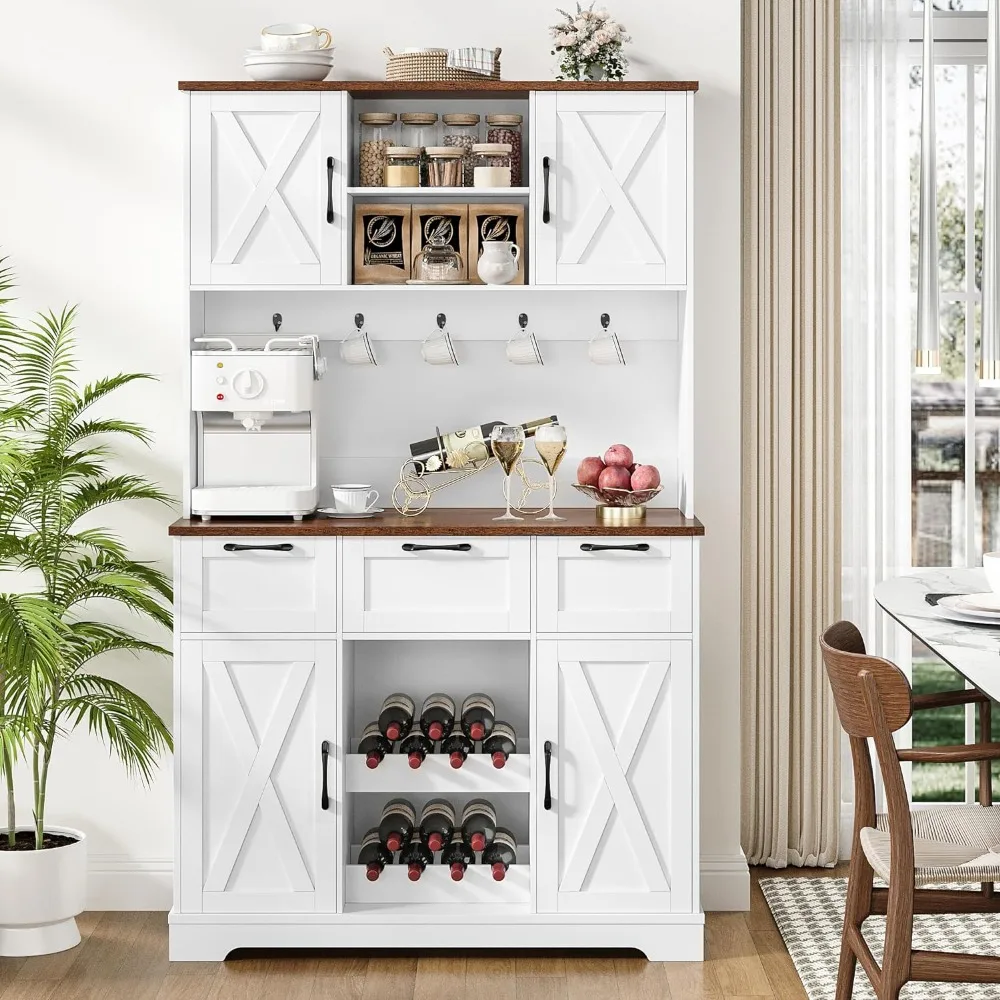 

72" Tall Kitchen Pantry Storage Cabinet with Doors & Shelves & 3 Drawers,Farmhouse Kitchen Hutch Cabinet with Coffee Bar Cabinet
