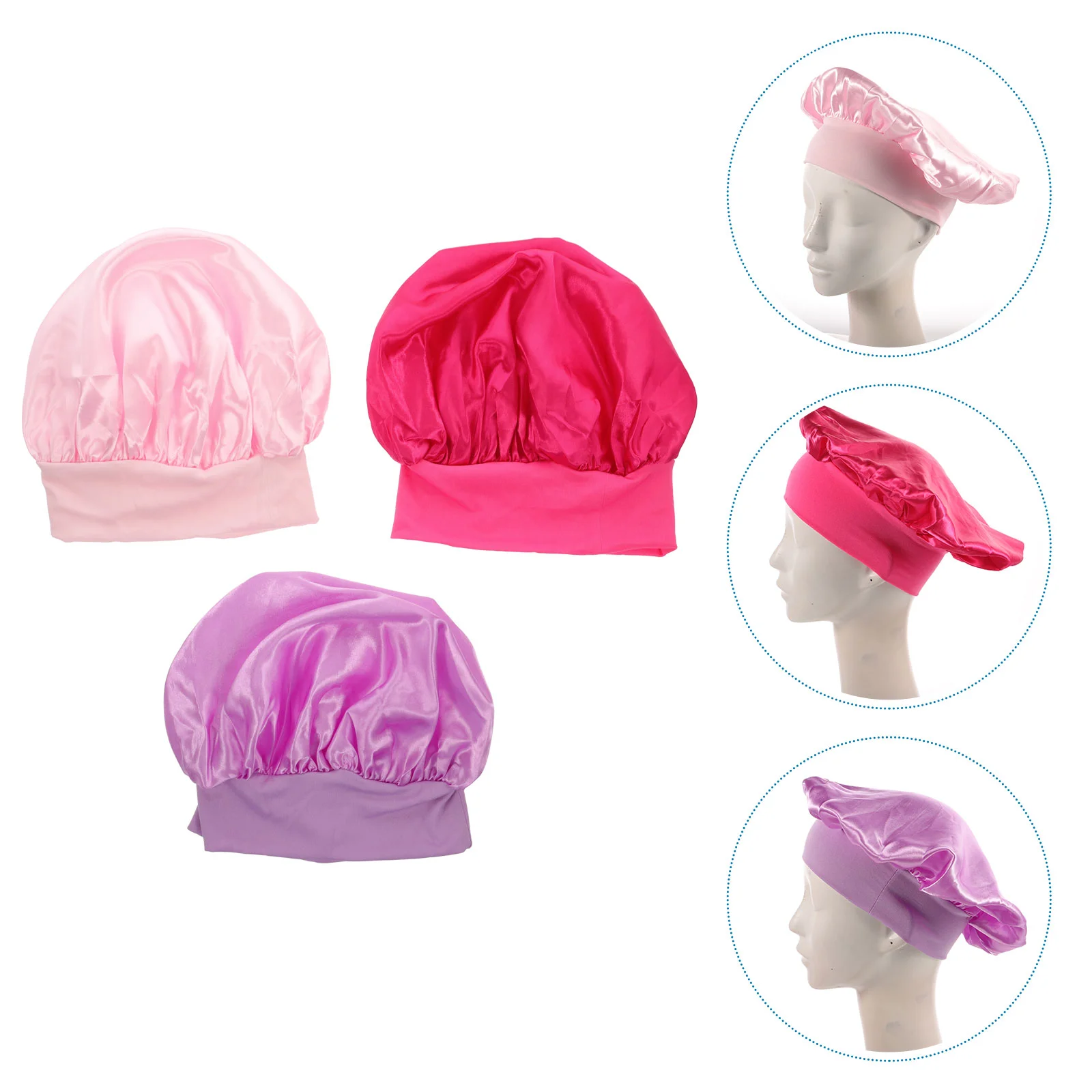 

3pcs Night Cap Kids Wide Band Bonnet Night Cover Hair Turbans for Hair Care Cap Rosy Purple Random Style