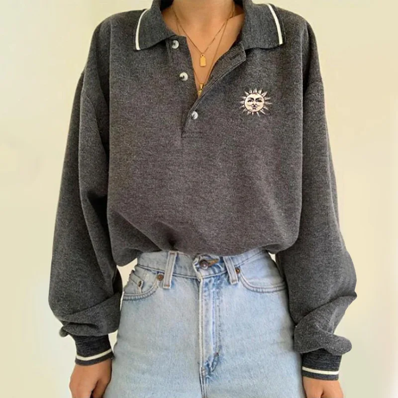 Spring Fall Women Lapel Gray Pullover Temperament Long Sleeve Sun Printed Pullover Female Solid Color Korean Hoodies Sweatshirt