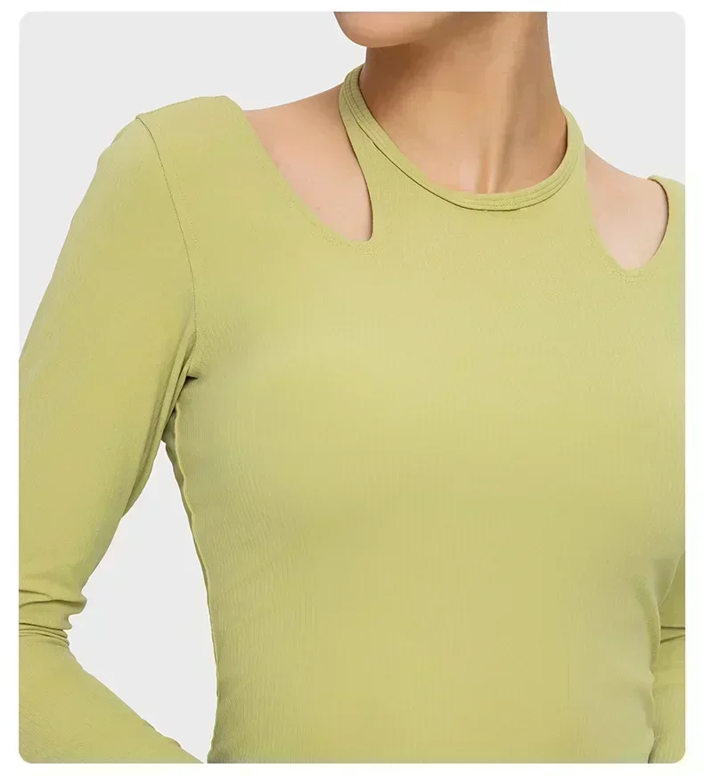 Lemon Women Halter Neck Long Sleeve Yoga Shirt Ribbed Fabric Stretch Halter Neck U-shaped Back Fitness Sport T-shirt Fitness Top