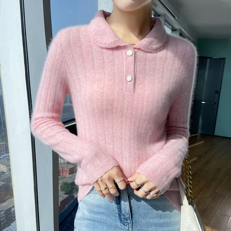 

100% Sweater Girl Doll Collar New Hollow Small Fragrance Cashmere Sweater Thickened Knit Bottoming Shirt In Autumn And Winter.