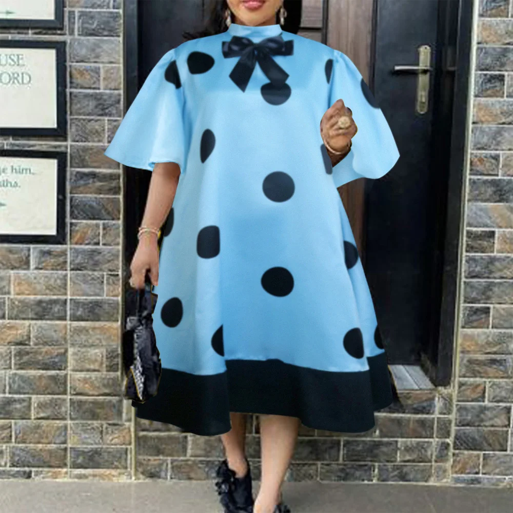 

Elegant Office Ladies Dresses Blue Polka Dot Printed Short Sleeve Straight Mid Calf Fashion Business Work Wear Dress Midi Cloth