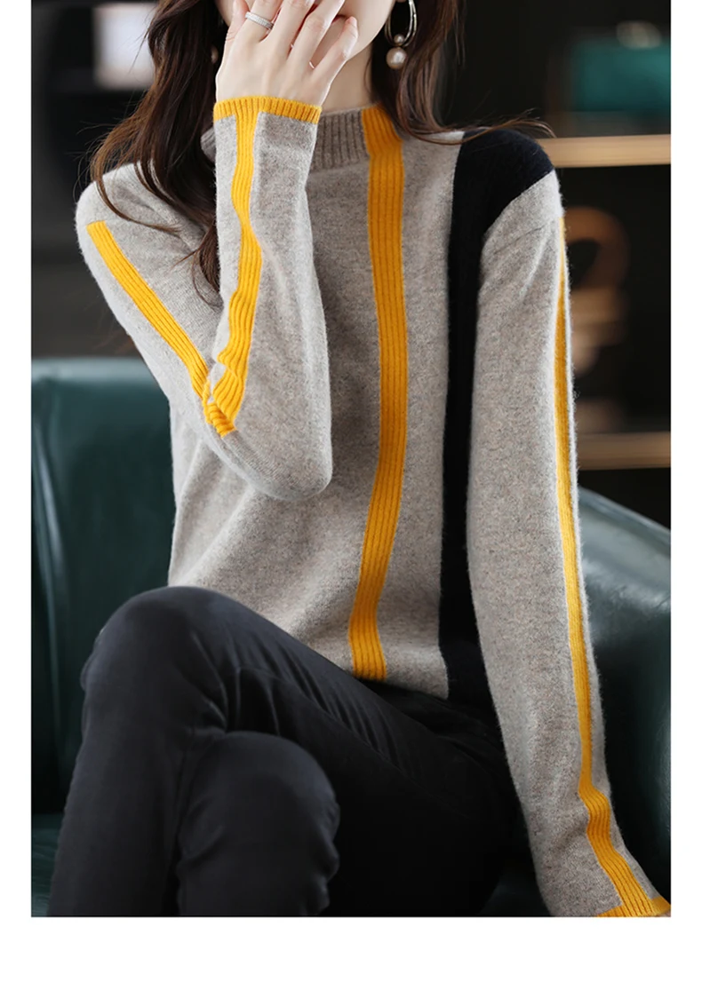 2022 Autumn And Winter New Women's Half Turtleneck Vertical Stripes Colorblock Knitted Pullover 100% Merino Wool Sweater Casual