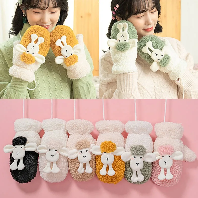 

Women's Gloves Student Winter Thickening Hanging Neck Cold Warm Mittens Cute 3D Sheep Baby Mittens Full Wrap Gloves