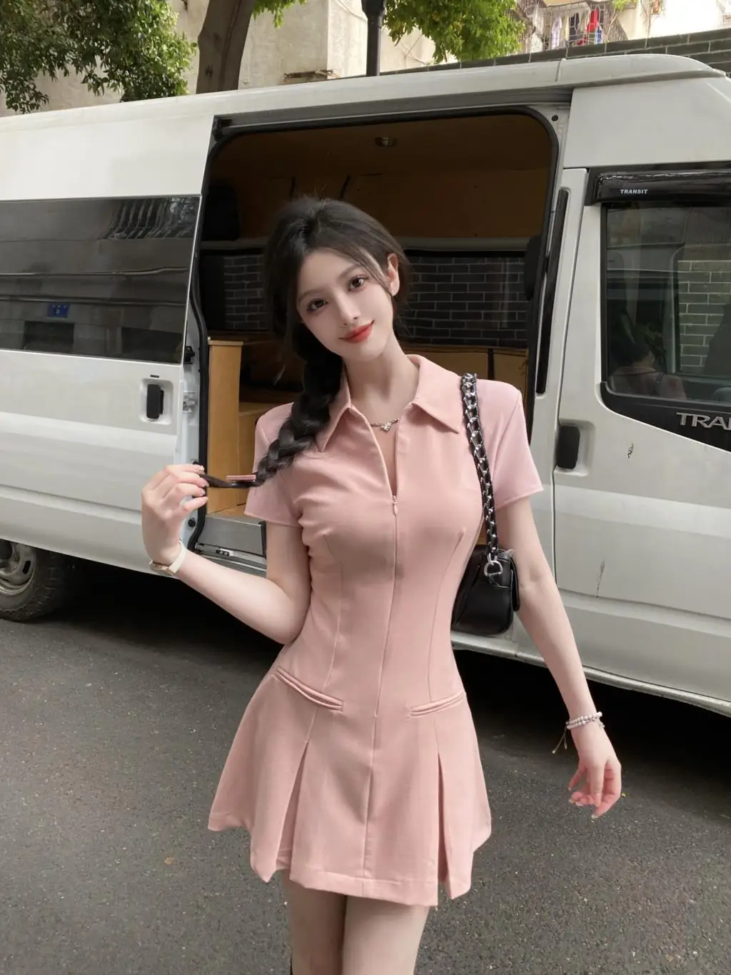Summer New Casual Slim Solid Dresses for Women Sporty Turn-down Collor A-line Korean Chic Streetwear Simple Vestidos Mujer