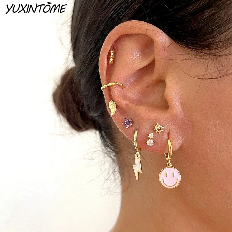 925 순수 실버 바늘 러블리 스타/번개 펜던트 골드 귀걸이 컬러 에나멜 18mm 후프 귀걸이 여성을위한 패션 쥬얼리