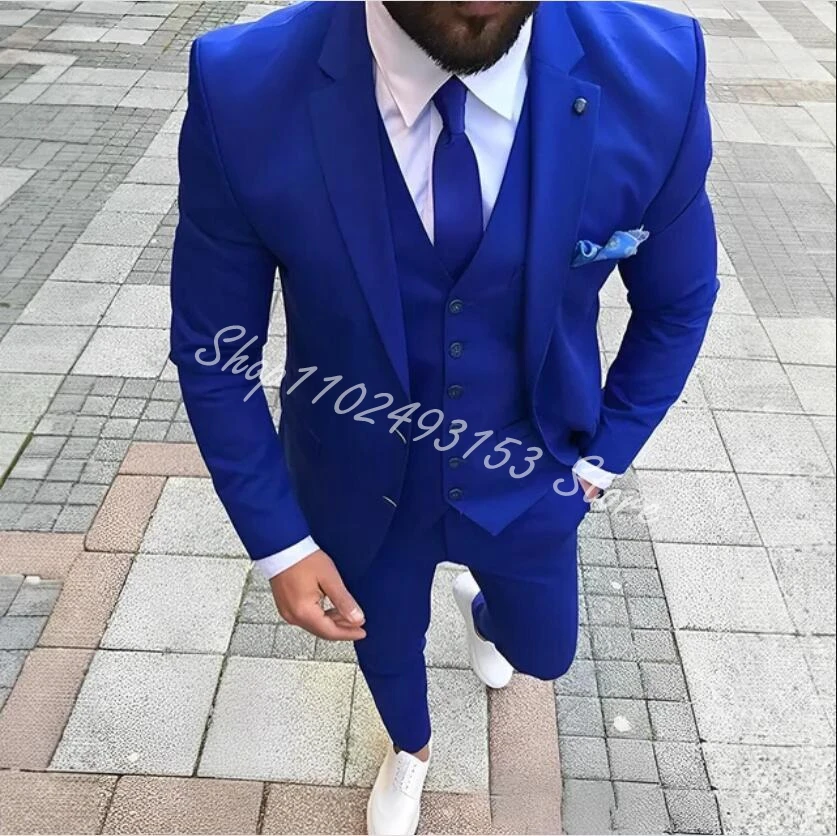 

Royal Blue Blazer Business Suits Men Causal Notched Lapel Groom Tuxedos Wedding Blazer Vest Pants 3 Pieces Terno Masculino