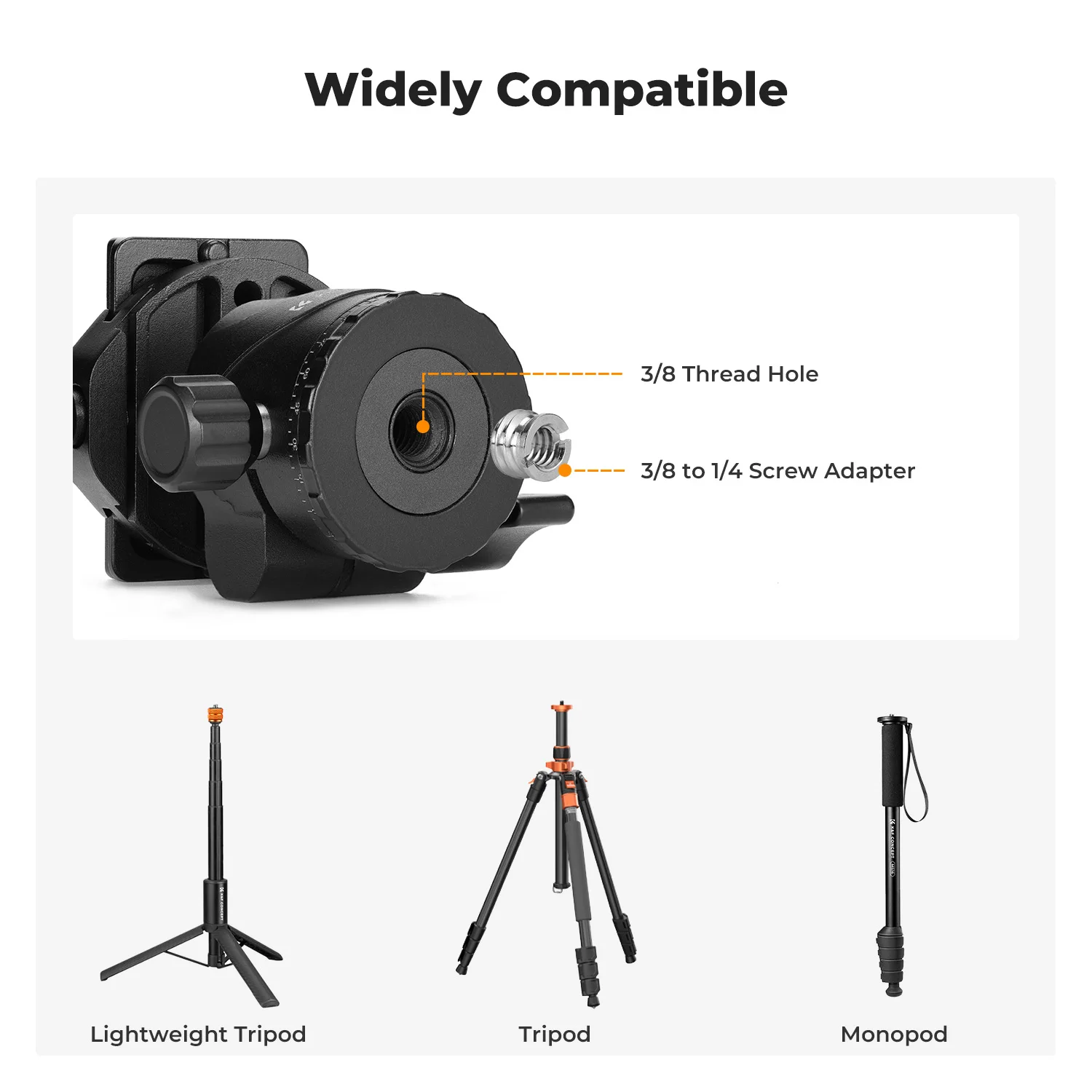 K&F Concept 22lbs/10kg Load Professional Metal Tripod Ball Head 1/4 Quick Release Plate for Nikon Canon Leica Sony Camera Tripod