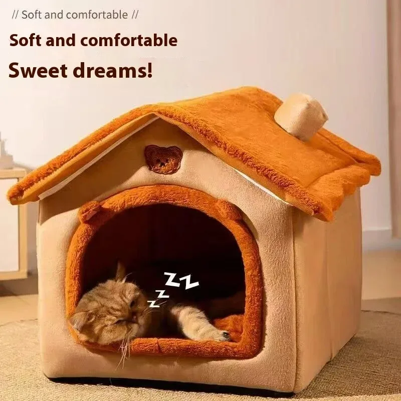 Lit pour chat semi-fermé et confortable, style niche-caverne, idéal pour les petits chiens et chats._voghion.com